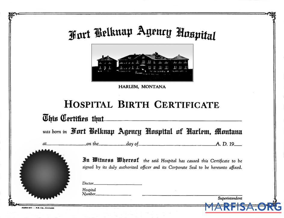 Realistic United States Fort Belknap Agency hospital birth certificate real example